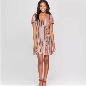 Xhilaration Orange Stripe Wrap Around Button Dress